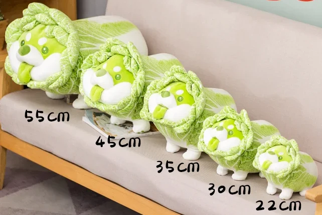 Sizes of 5 types Emerald Green Cabbage Dog Throw Pillows. A combo set of whimsical, small-sized emerald green throw pillows shaped like kawaii Shiba dogs. These decorative pillows are filled with PP cotton, making them perfect for kids gifts.