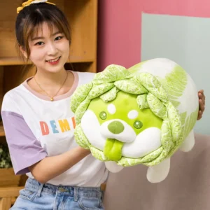 Emerald Green Cabbage Dog Throw Pillows. A combo set of whimsical, small-sized emerald green throw pillows shaped like kawaii Shiba dogs. These decorative pillows are filled with PP cotton, making them perfect for kids gifts.