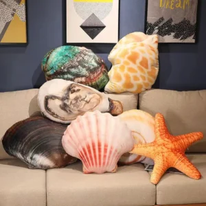 Unique and affordable large-size mussel-shaped throw pillows, styled in coastal-themed earth tone colors, ideal for kids room decor. These decorative pillows are filled with PP cotton, offering both a unique and cozy addition to any space.