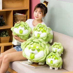 Sizes of 5 types Emerald Green Cabbage Dog Throw Pillows. A combo set of whimsical, small-sized emerald green throw pillows shaped like kawaii Shiba dogs. These decorative pillows are filled with PP cotton, making them perfect for kids gifts.