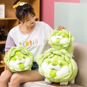 Sizes of 3 types Emerald Green Cabbage Dog Throw Pillows. A combo set of whimsical, small-sized emerald green throw pillows shaped like kawaii Shiba dogs. These decorative pillows are filled with PP cotton, making them perfect for kids gifts.