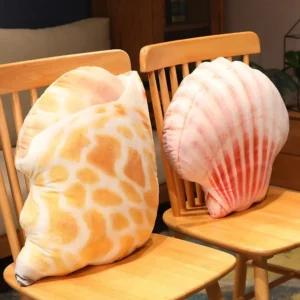 Large orange conch shaped throw pillows with PP cotton fill, perfect for kids room decor in a coastal style. Unique, decorative, and affordable.